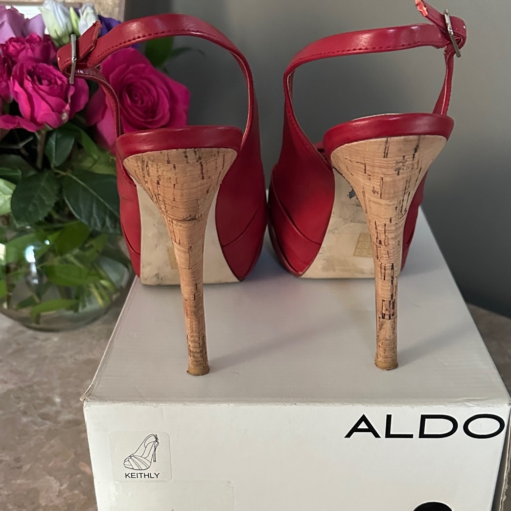 Aldo Red Peep-Toe Slingback Heels - Picture 4 of 7